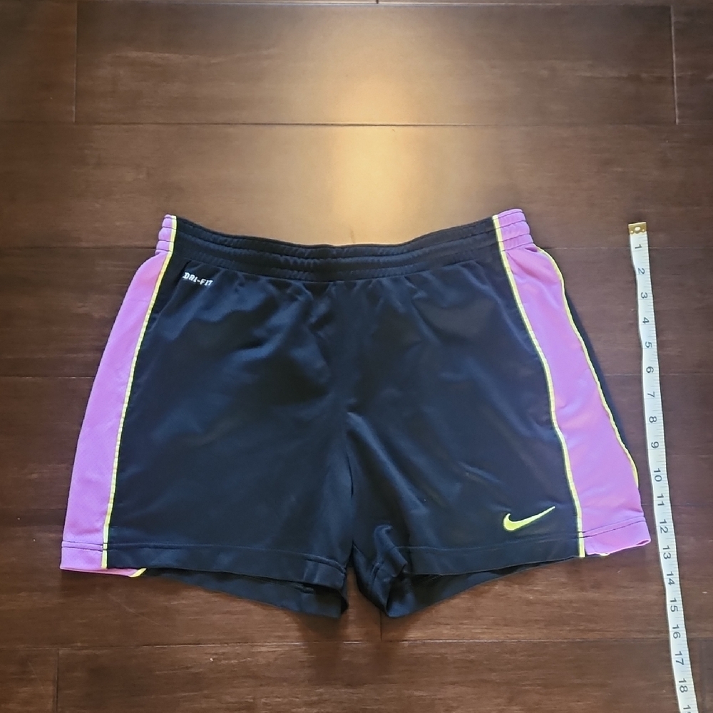 Nike Black and Purple Athletic Shorts with Yellow Trim Womens Medium M